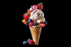 stock photo of ice cream with cone mix fruits topping food photography