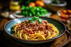 valores foto de espaguetis boloñesa en cocina mesa ai generado