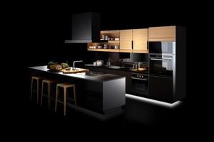 valores foto de 3d cocina en un negro antecedentes aislado fotografía generativo ai