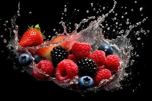 stock photo of water splash with mix berries isolated food photography