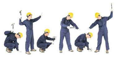 Set of Young handyman in uniform standing with his hammer Cutout isolated on white background photo