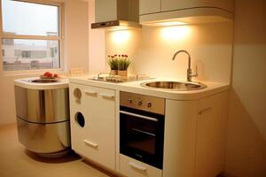 stock photo of a tiny minimalist kitchen stove with sink small cabinet photography