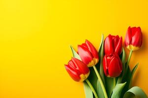 Orange tulips over yellow surface, easter. birthday, mother day greeting card concept with copy space. top view, flat lay. for banner. AI generated photo