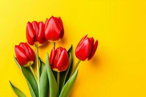 Orange tulips over yellow surface, easter. birthday, mother day greeting card concept with copy space. top view, flat lay. for banner. AI generated photo
