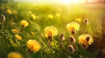 Chamomile field flowers border. Beautiful nature scene with blooming medical chamomilles in sun flare. Alternative medicine Spring Daisy. Summer flowers. Summer background. photo