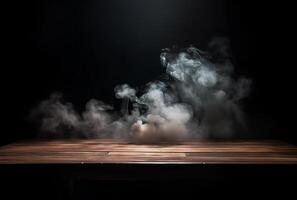 A table with smoke coming out of it and a black background. photo