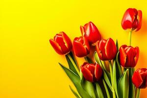naranja tulipanes terminado amarillo superficie, Pascua de Resurrección. cumpleaños, madre día saludo tarjeta concepto con Copiar espacio. parte superior vista, plano poner. para bandera. ai generado foto