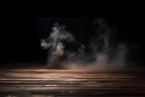 A table with smoke coming out of it and a black background. photo