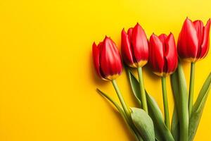 Orange tulips over yellow surface, easter. birthday, mother day greeting card concept with copy space. top view, flat lay. for banner. AI generated photo