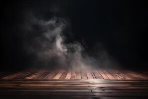 A table with smoke coming out of it and a black background. photo