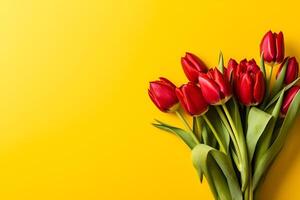 Orange tulips over yellow surface, easter. birthday, mother day greeting card concept with copy space. top view, flat lay. for banner. AI generated photo