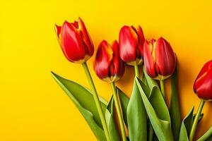 Orange tulips over yellow surface, easter. birthday, mother day greeting card concept with copy space. top view, flat lay. for banner. AI generated photo