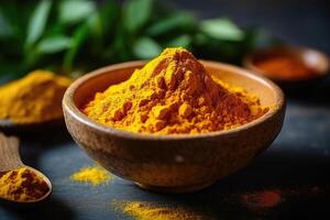 stock photo of turmeric powder on the kitchen flat lay photography