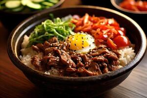 stock photo of Bulgogi rice bowl literally fire meat is a gui made of thin marinated slice food photography