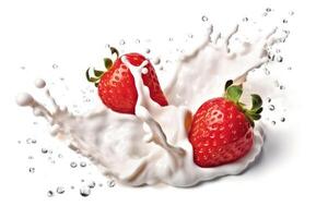 stock photo of milk or yogurt splash with strawberries food photography