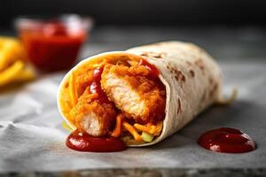 stock photo of a chicken wrap with ketchup and mustard Editorial food photography