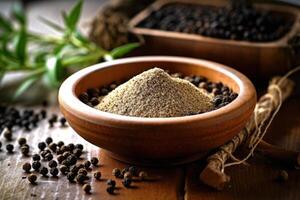 stock photo of black pepper powder on the kitchen flat lay photography