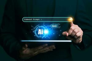 Ai tech, businessman show virtual graphic Chat with AI, Artificial Intelligence. using command prompt for generates something, Futuristic technology transformation. photo