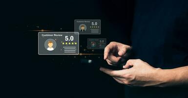 Customer service. Best rating experience satisfaction survey concept. man using smartphone Give a rating of satisfaction on after-sales service. photo