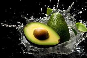 stock photo of water splash with avocado slice isolated food photography