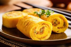 valores foto de sano desayuno con tamagoyaki japonés arrollado tortilla comida fotografía generativo ai