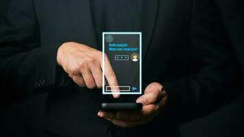 Digital chatbot, robot application, conversation assistant, AI Artificial Intelligence concept. Man using mobile smart phone, with digital chatbot on virtual screen. photo