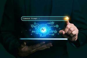 Ai tech, businessman show virtual graphic Chat with AI, Artificial Intelligence. using command prompt for generates something, Futuristic technology transformation. photo