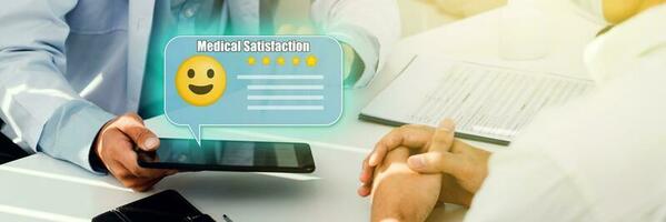 Medical customer survey. Best rating experience satisfaction survey concept. doctor using tablet submit to the patient to rate their satisfaction with the service. photo