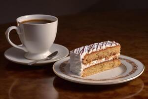 cup coffee with a slice cake Profesional advertising Food Photography AI Generated photo