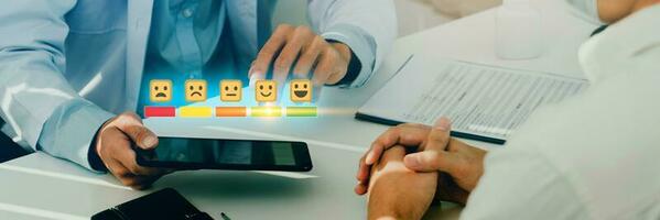 Medical customer survey. Best rating experience satisfaction survey concept. doctor using tablet submit to the patient to rate their satisfaction with the service. photo