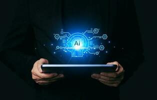 Ai tech, businessman show virtual graphic Chat with AI, Artificial Intelligence. photo