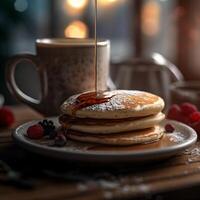 stock photo of a cup coffee with pancake Editorial food photography