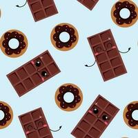 Seamless pattern of chocolate bars and donuts on a blue background vector