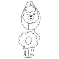 Cute fluffy alpaca with headphones in contour line for coloring vector