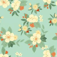 Vintage pattern of retro flowers and leaves on a green background vector