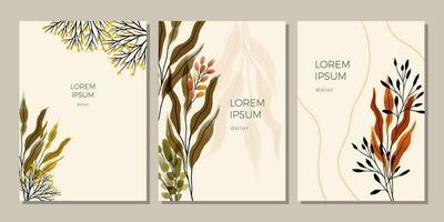 Set of autumn template. Cover, poster, placard, banner with watercolor leaves, branches, berries on beige background vector