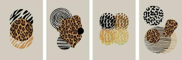 Set of abstract wall art with leopard pattern and hand drawn scribble circle. Line art elements. Minimalist illustration with animal skin for cover, poster, placard, template on beige background vector