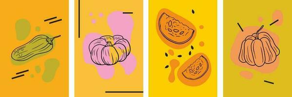 Set of autumn templates with pumpkins. Minimalistic wall art, cover, banner, poster. Collection with linear seasonal vegetable and spots vector