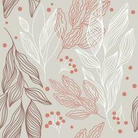 Autumn linear pattern with branches. Seamless print with leaves and berries. Line art on light grey background vector