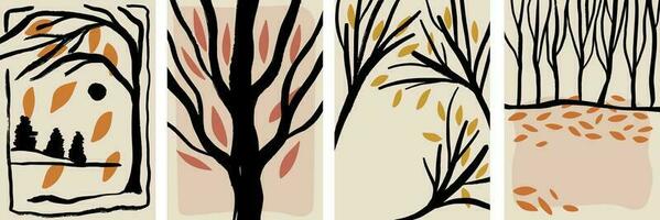 Set of autumn templates. Trees with fallen leaves wall art, cover, banner, poster. Collection with brush painted plants vector
