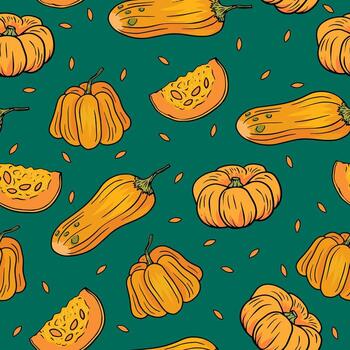 Seamless pattern with different pumpkin and seeds on green emerald background vector