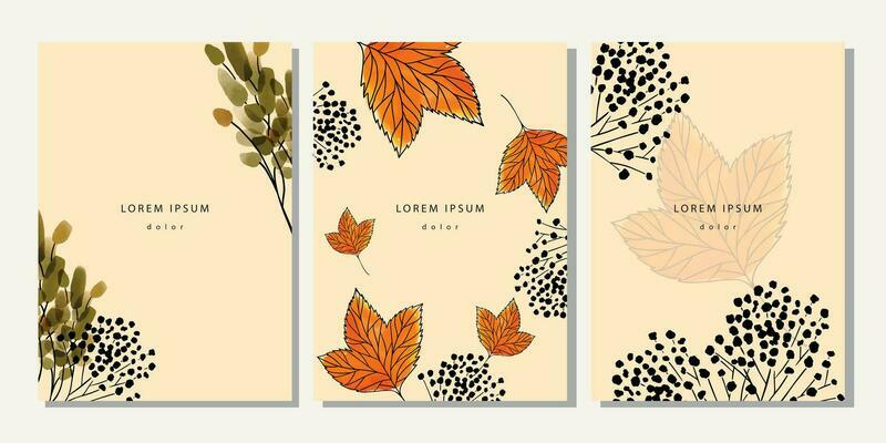 Set of autumn template. Cover, poster, placard, banner with watercolor leaves, branches, black berries, maple on beige background