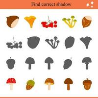 Find Correct Shadow of Autumn Elements. Educational Game For Children vector