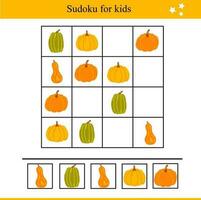 Sudoku For Kids with Pumpkins. Educational Game for Children. Autumn Vector Illustration