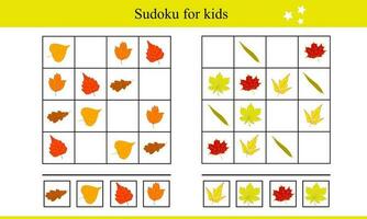 Sudoku For Kids with Autumn Leaves. Educational Game For Children. Autumn Vector Illustration