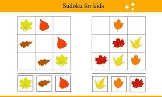 Sudoku For Kids with Autumn Leaves. Educational Game For Children. Vector Illustration