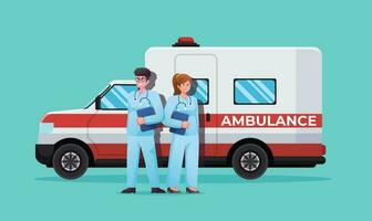 doctores con emergencia ambulancia coche médico concepto vector ilustración