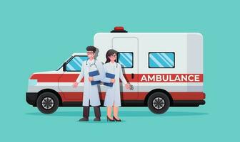 doctores con emergencia ambulancia coche médico concepto vector ilustración