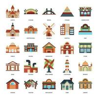 A detailed vector illustration representing diverse building types home, factory, school, mosque, hospital, and more. Each icon clearly depicts its respective structure