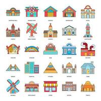 A detailed vector illustration representing diverse building types home, factory, school, mosque, hospital, and more. Each icon clearly depicts its respective structure